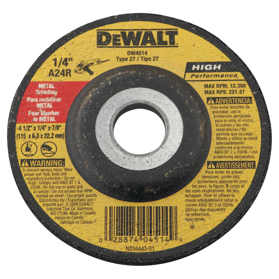 DeWalt DW4514 Type 27 Grinding Wheel, 4-1/2 in dia, 7/8 in Arbor, 13300 RPM, 24 Grit (Pack of 25 EA)