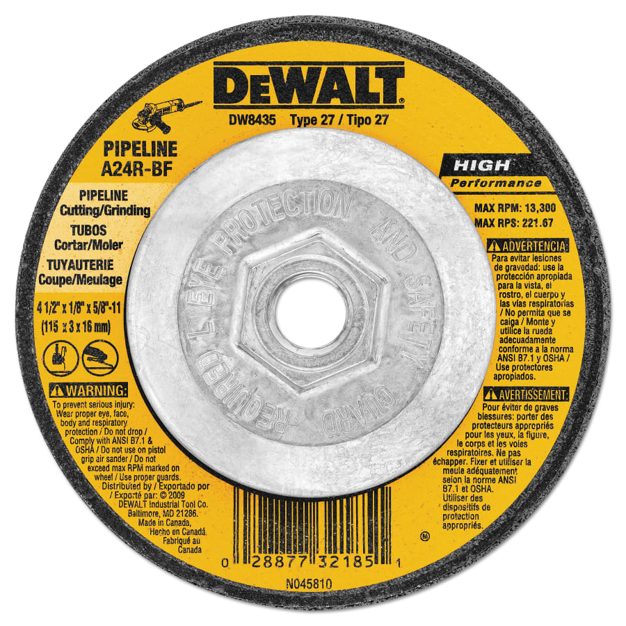 DeWalt DW4523 Type 27 Grinding Wheel, 4-1/2 in dia, 5/8 in-11 TPI, 13300 RPM, 24 Grit (Pack of 10 EA)