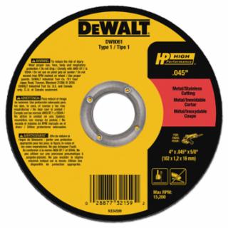 DeWalt DW8061 High Performance™ Cutting Wheel, Type 1, 4 in dia x 0.045 in Thick x 5/8 in Arbor, 60 Grit, Aluminum Oxide (Pack of 25 EA)