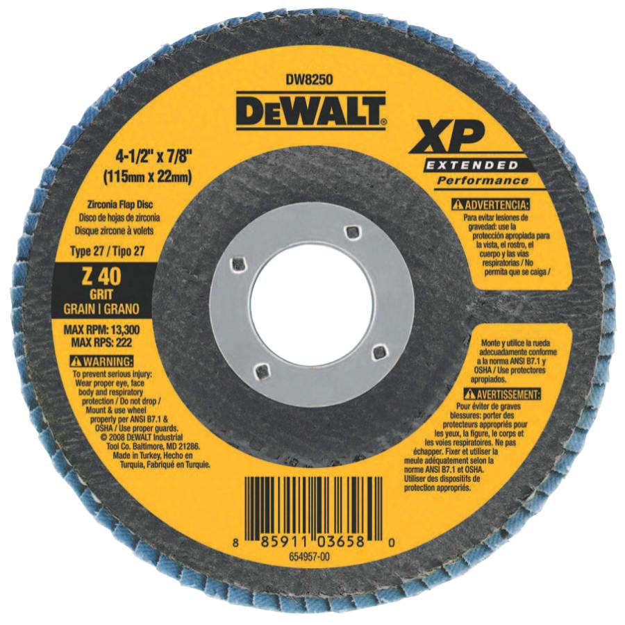 DeWalt DW8250 XP™ Extended Performance Flap Disc, 4-1/2 in dia, 40 Grit, 7/8 in Arbor, 13300 RPM, T27 (Pack of 10 EA)