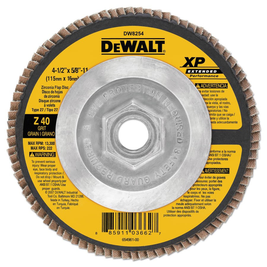 DeWalt DW8254 XP™ Extended Performance Flap Disc, 4-1/2 in dia, 40 Grit, 5/8 in-11 Arbor, 13300 RPM, T27 (Pack of 10 EA)