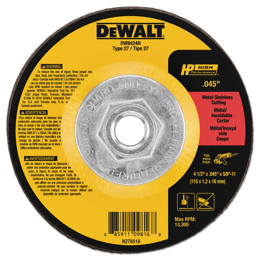 DeWalt DW8424H High Performance Cutting Wheel, 4-1/2 in x 0.045 in, 5/8-11 Arbor, 60 Grit