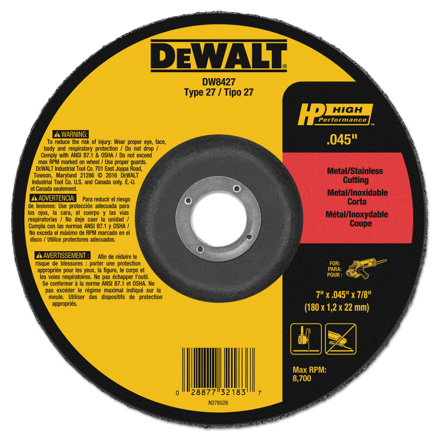 High Performance Cutting Wheel, Type 27, 7 in dia x 0.045 in Thick x 7/8 in Arbor, 60 Grit, Aluminum Oxide (Box of 25 EA)