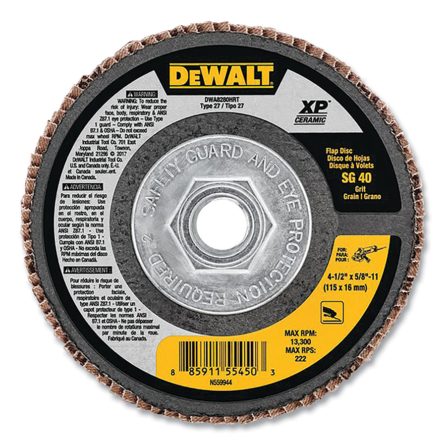 DeWalt DWA8280HRT XP™ Ceramic Flap Disc, 4-1/2 in dia, 40 Grit, 5/8 in-11 Arbor, 13300 RPM, T27