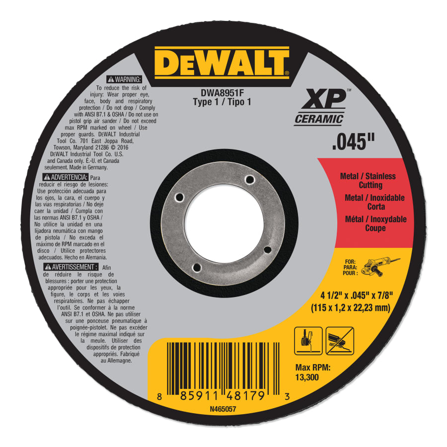 DeWalt DWA8951F Elite Series™ Cutting Wheel, 4-1/2 in dia x 7/8 in Arbor x 0.045 in Thick, 13300 RPM, Type 1, Ceramic