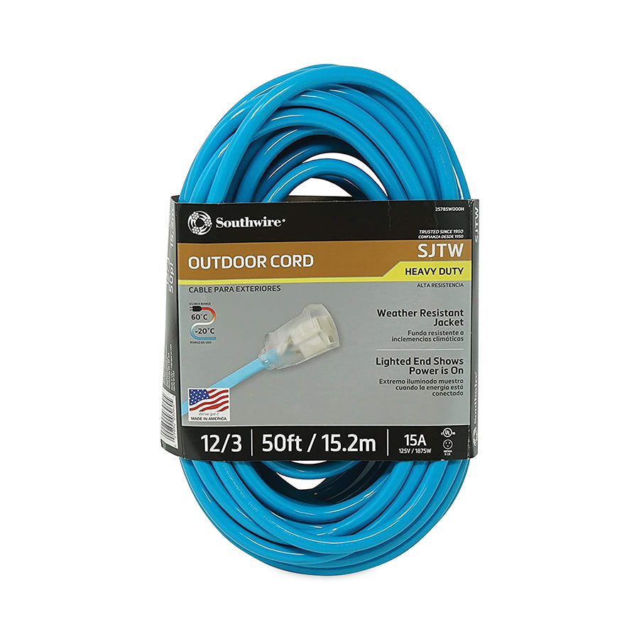 Southwire 02578-000X Extension Cord with Power Light Indicator, SJTW, 50 ft, 1 Outlet, Cool Green