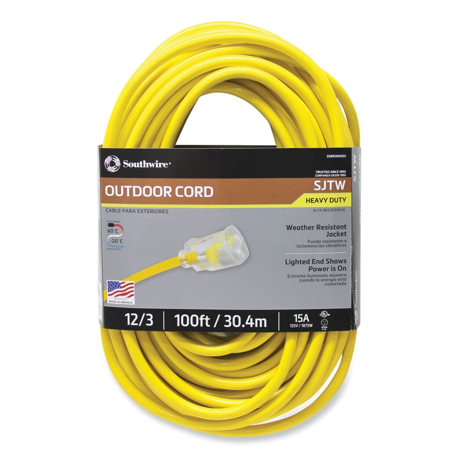 Southwire 2589SW0002 Vinyl Extension Cord, 100 ft, 1 Outlet, Yellow