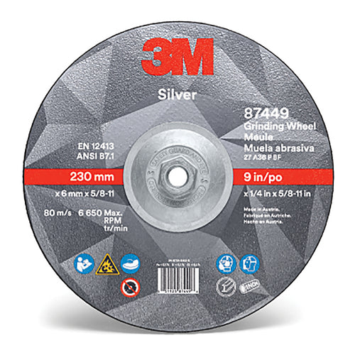 3M 051125-87449 Silver Depressed Center Grinding Wheel, 9 in dia, 1/4 in Thick, 5/8 in-11 Arbor, 36 Grit (Pack of 20 WH)