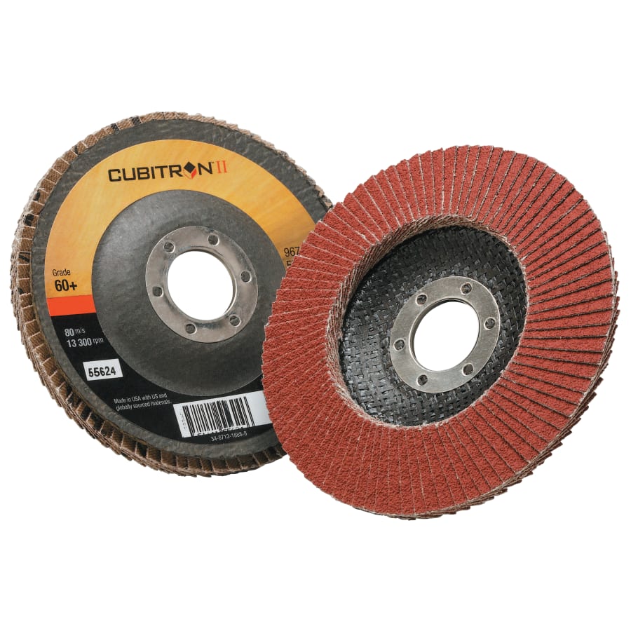 3M 051141-55624 Cubitron™ II Flap Discs 967A, 4-1/2 in dia x 7/8 in AH, T29, 60+, 13300 RPM (Pack of 10 EA)