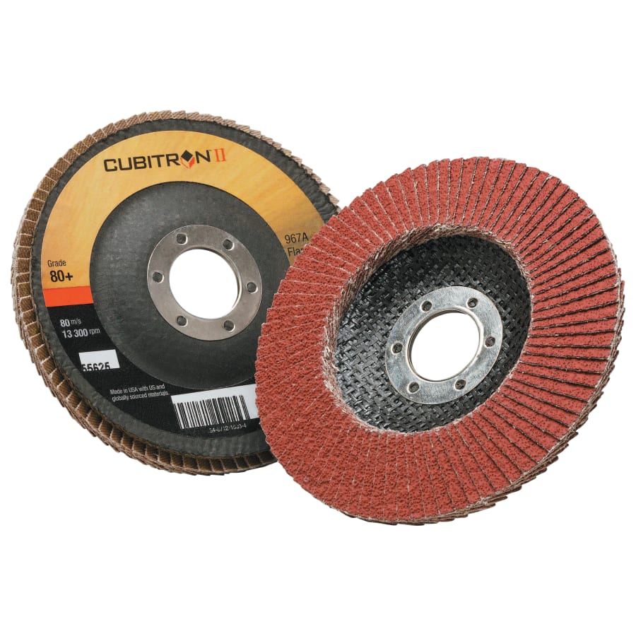 3M 051141-55625 Cubitron™ II Flap Discs 967A, 4-1/2 in dia x 7/8 in AH, T29, 80+, 13300 RPM (Pack of 10 DC)
