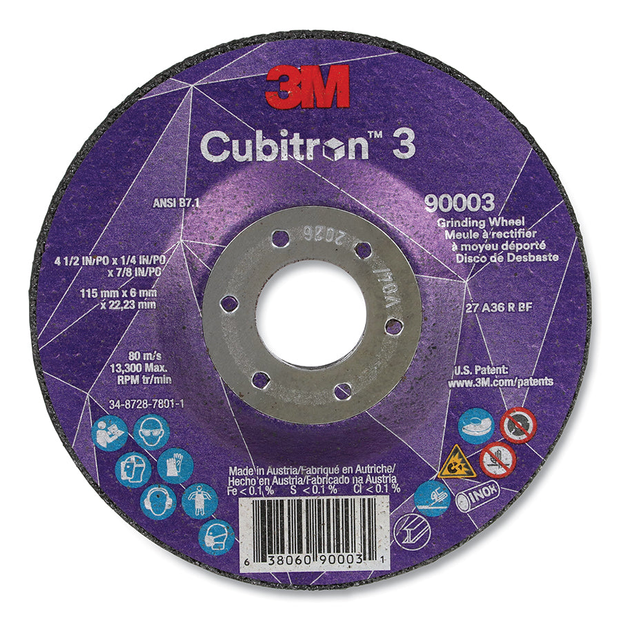 3M 638060-90003 Cubitron™ 3 Depressed Center Grinding Wheel, 4-1/2 in dia x 1/4 in Thick x 7/8 in Arbor, 36+ Grit, T27