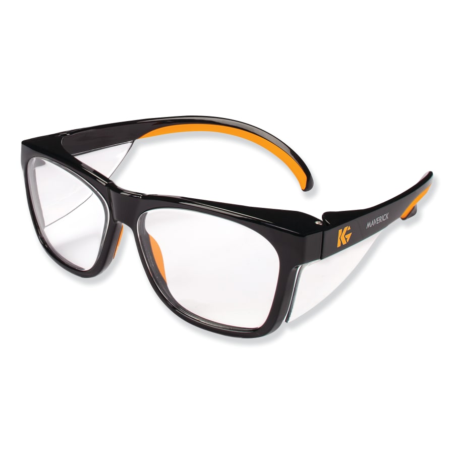 Maverick Safety Glasses, Clear Anti-Glare Lens, Black/Orange Frame