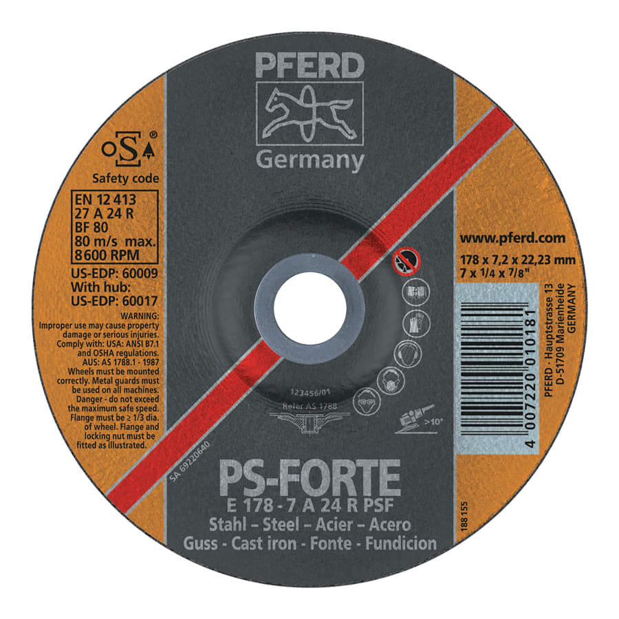 A24R PSF Grinding Wheel, 5 in Dia, 1/4 in Thick, 7/8 in Arbor, Aluminum Oxide (Pack of 10 EA)