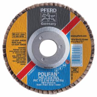 PFERD TOOLS 60458 POLIFAN® PSF-EXTRA Flap Disc, 4-1/2 in dia, 40 Grit, 7/8 in Arbor, 13300 RPM