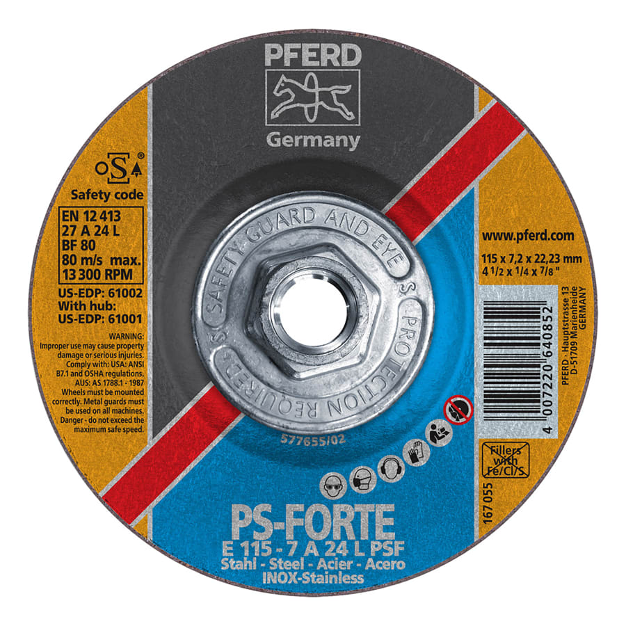 PFERD TOOLS 61001 Type 27 PSF-INOX Depressed Center Wheel, Aluminum Oxide, 4-1/2 in dia, 1/4 in Thick, 5/8 in Arbor, 24 Grit