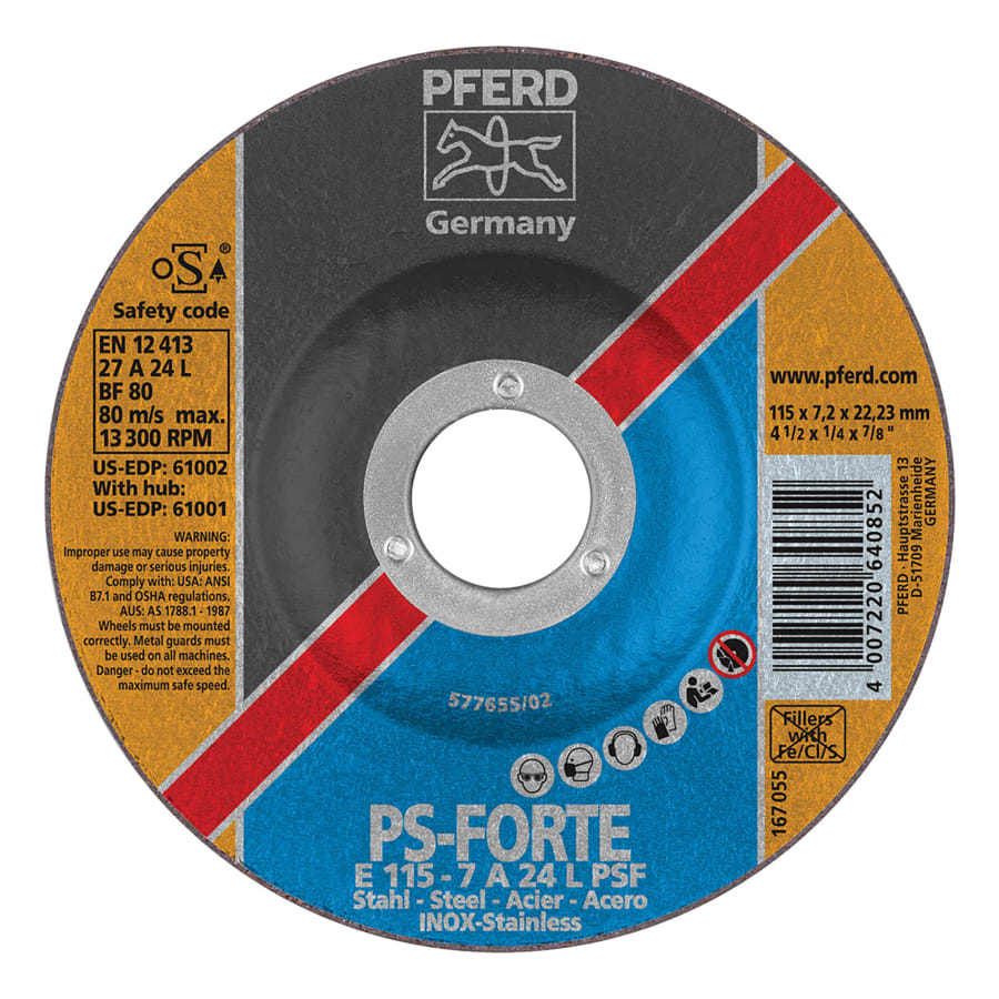 PFERD TOOLS 61002 Depressed Center Wheel, 4-1/2 in dia, 1/4 in Thick, 7/8 in Arbor, 24 Grit, Aluminum Oxide