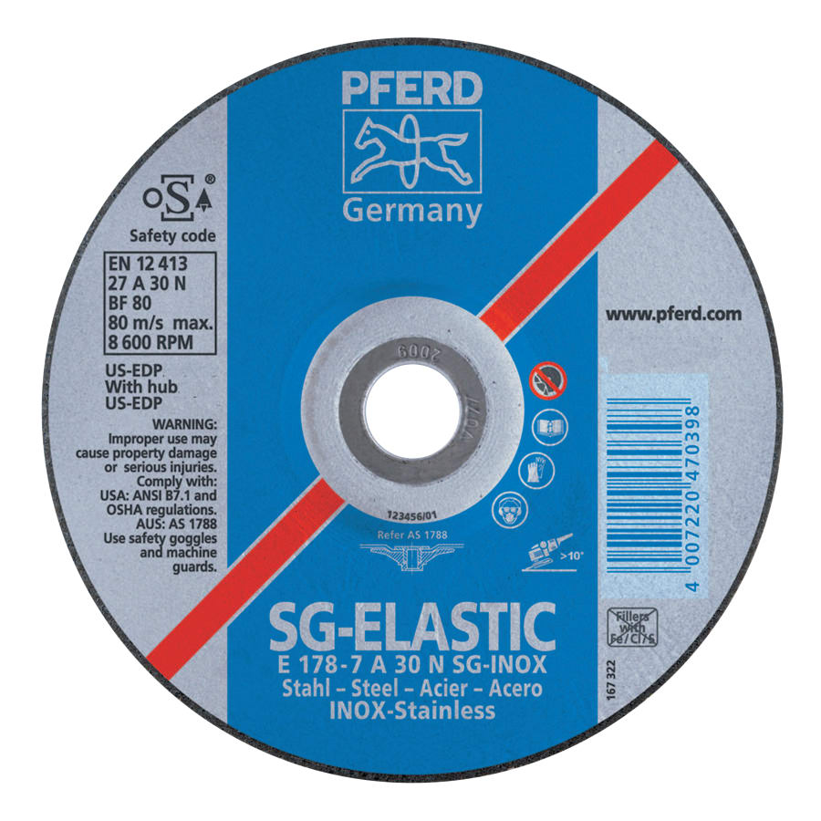PFERD TOOLS 61105 Premium SG-INOX Wheel, 4-1/2 in dia, 1/4 in Thick, 7/8 in Arbor, 30 Grit (Pack of 10 EA)