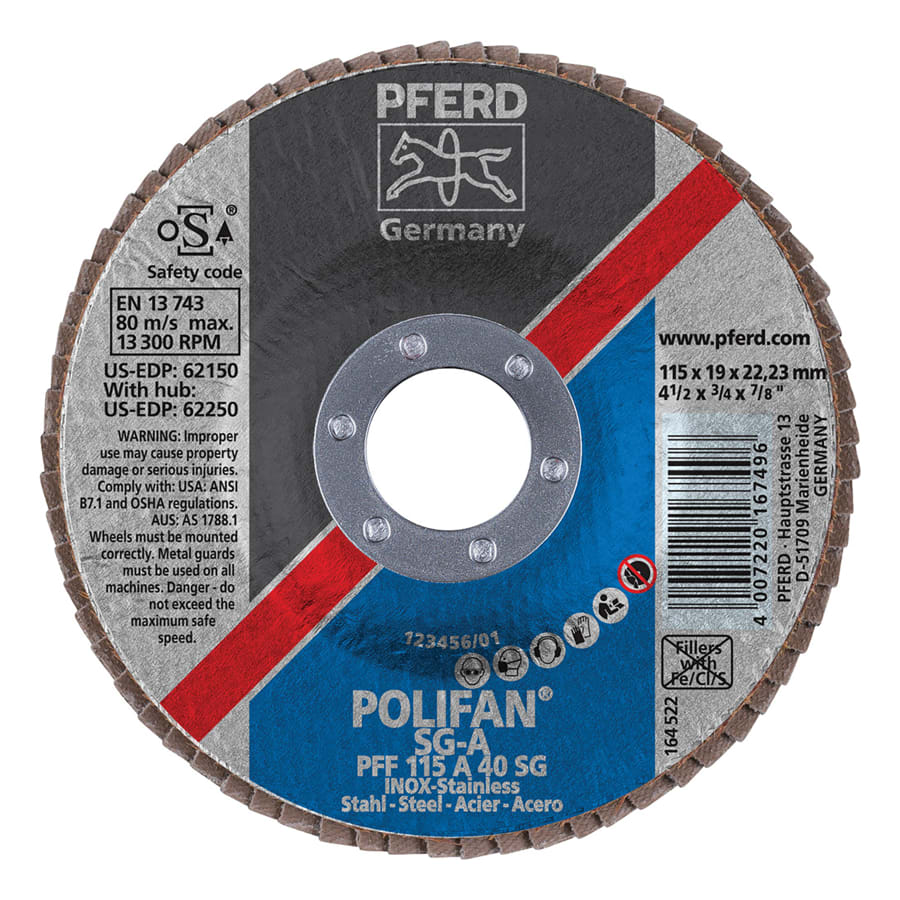 PFERD TOOLS 62150 Type 27 POLIFAN® SG Flap Disc, 4-1/2 in dia, 40 Grit, 7/8 arbor, 13000 RPM
