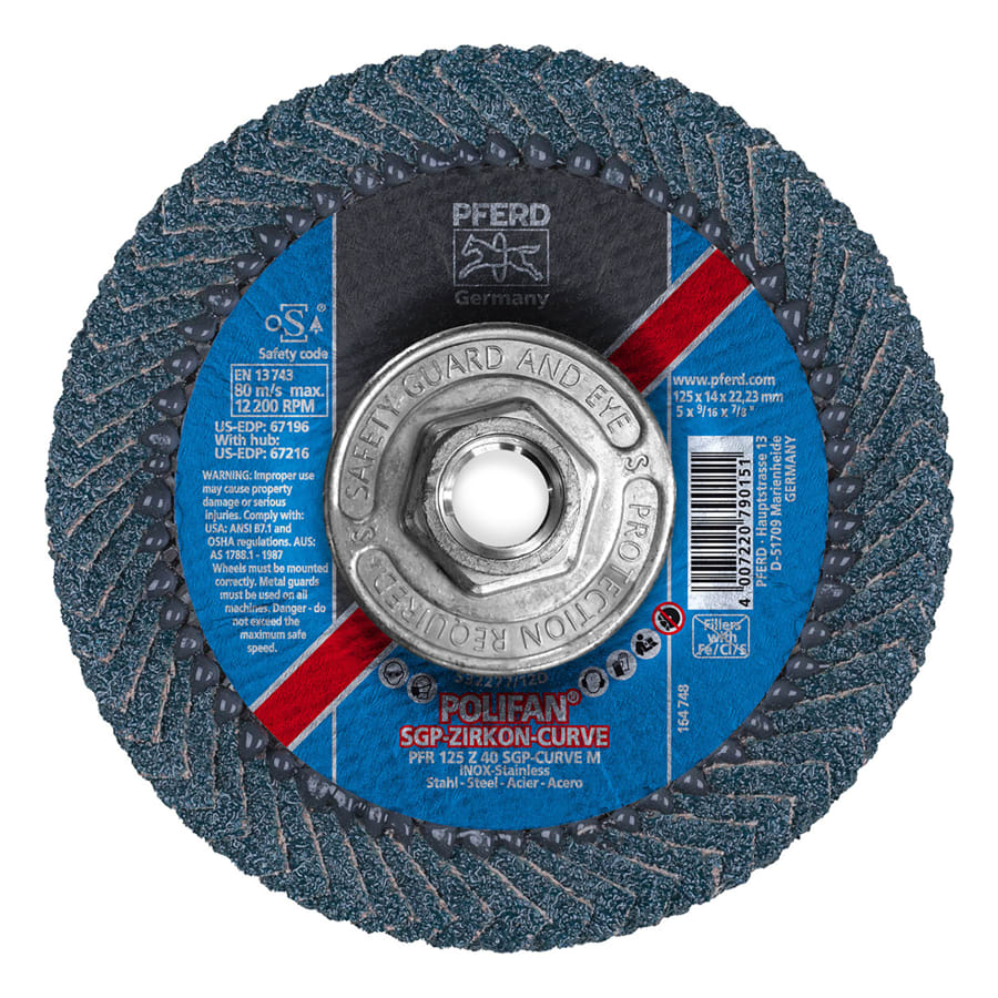 PFERD TOOLS 67216 POLIFAN® Flap Disc, 5 in, 40 Grit, 5/8 Arbor, 12,200 RPM, Z-Curve, T29