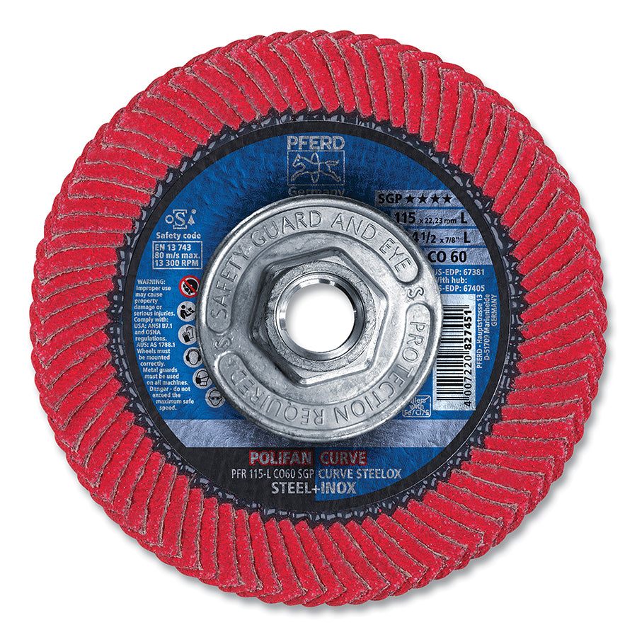 PFERD TOOLS 67405 POLIFAN® SGP CO-Curve Flap Disc, 4-1/2 in dia, 60 Grit, 13300 RPM