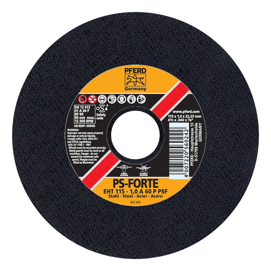 PFERD TOOLS 69945 Type 1 General Purpose A-PSF Thin Cut-Off Wheel, 4-1/2 in dia, .04 in Thick, 60 Grit, Aluminum Oxide