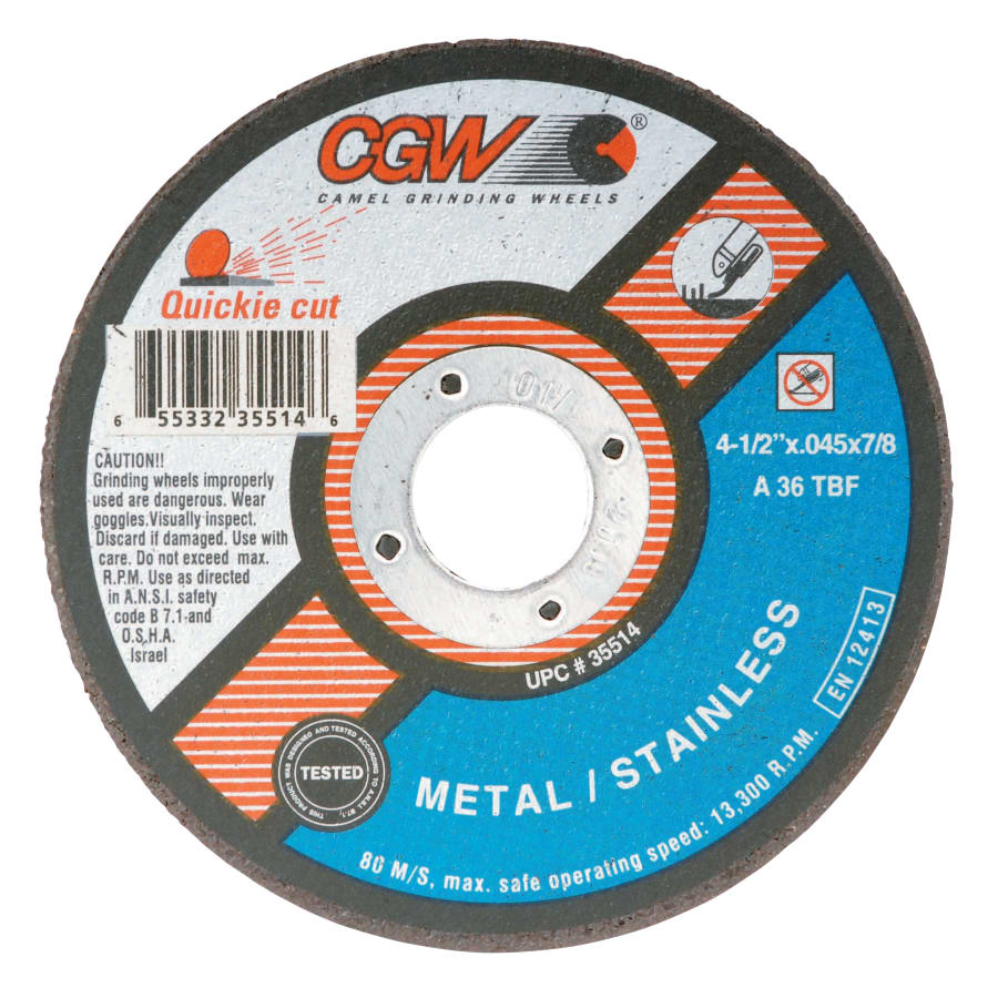 CGW Abrasives 35514 Quickie Cut™ Type 1 Extra Thin Cut-Off Wheel, 4-1/2 in dia, 0.045 in Thick, 7/8 in Arbor, 36 Grit