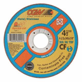 CGW Abrasives 35515 Quickie Cut™ Contaminate Free Cut-Off Wheel, 4-1/2 in Dia, 0.045 in Thick, 7/8 in Arbor, 36 Grit Alum. Oxide (Pack of 25 EA)