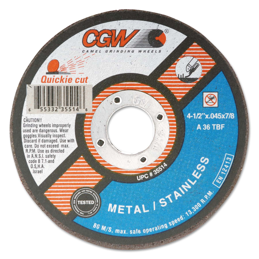 CGW Abrasives 35517 Quickie Cut™ Type 1 Extra Thin Cut-Off Wheel, 6 in dia, 0.045 in Thick, 7/8 in Arbor, 36 Grit