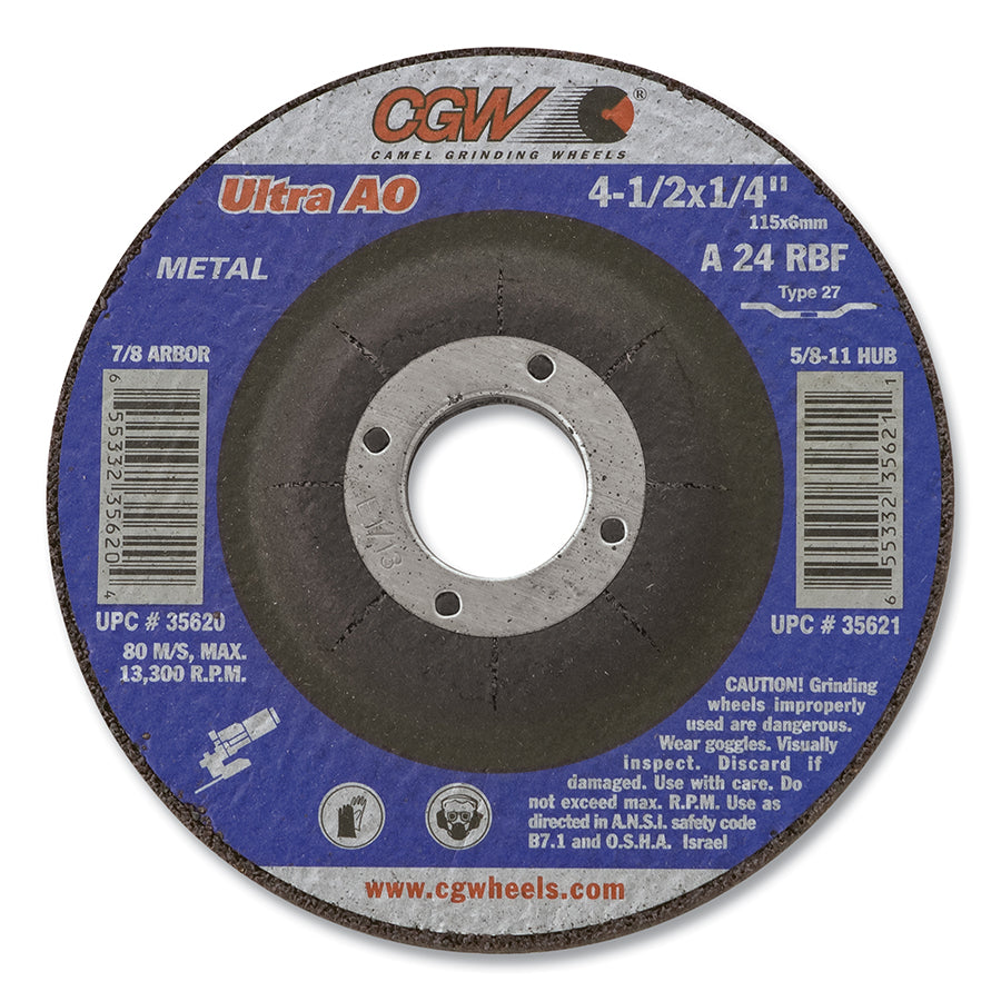 CGW Abrasives 35621 1/4 in Depressed Center Wheel Type 27, 4-1/2 in dia, 5/8 in Arbor, A24R (Pack of 10 EA)