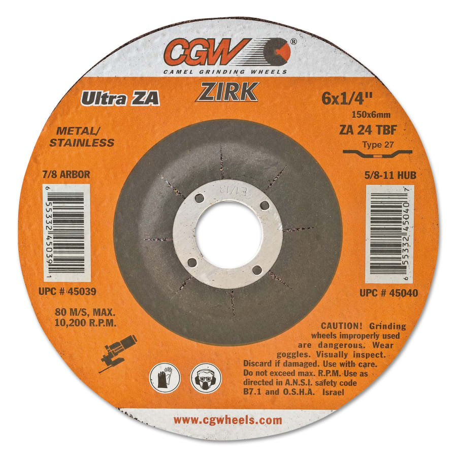 Depressed Center Wheel, Type 27, 9 in Dia, 1/4 in Thick, 24 Grit, Zirconia Alum Oxide (Pack of 10 EA)