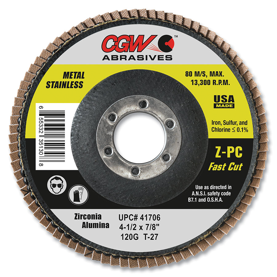 CGW Abrasives 41754 Z-Poly Cotton Flap Disc, 4-1/2 in dia, 60 Grit, 5/8 in - 11 Thread, Type 27 (Pack of 10 EA)