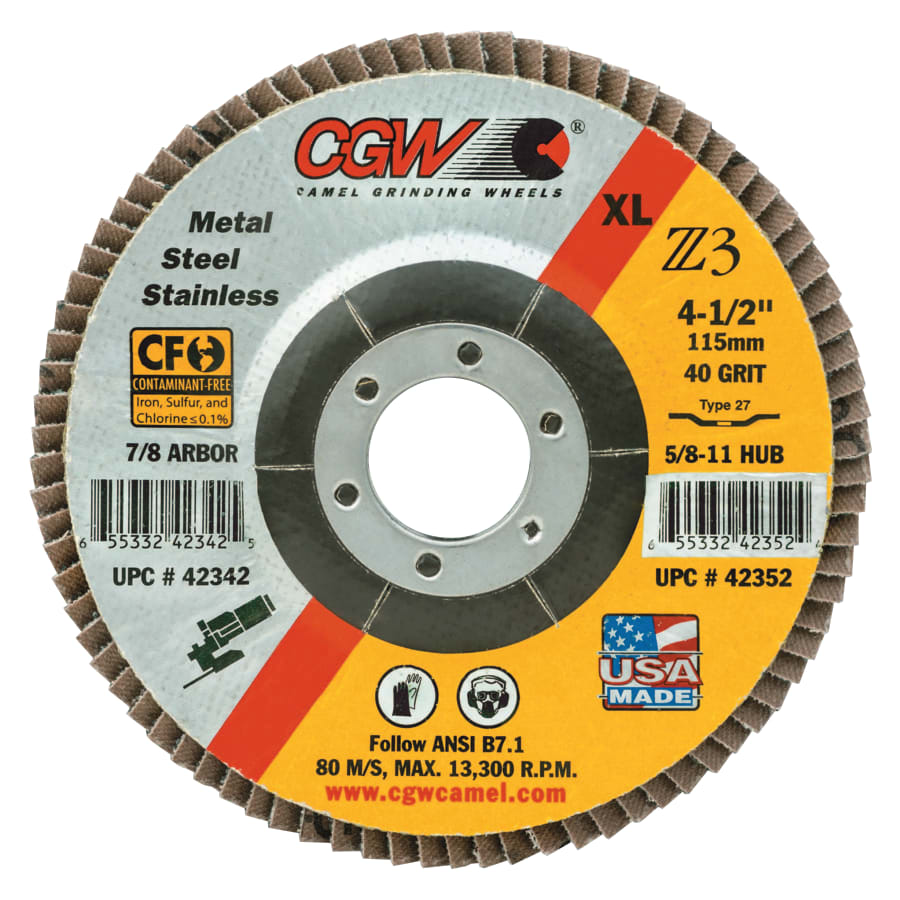 CGW Abrasives Premium Z3 XL T27 Flap Disc, 4-1/2 in dia, 40 Grit, 7/8 Arbor, 13300 rpm