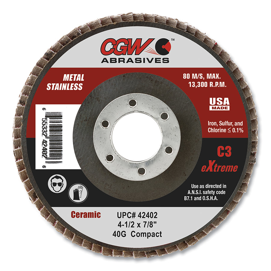 CGW ABRASIVES 42402 C3 Ceramic Flap Disc, 4-1/2 in dia, 40 Grit, 7/8 in Arbor, 13300 RPM (Pack of 10 EA)
