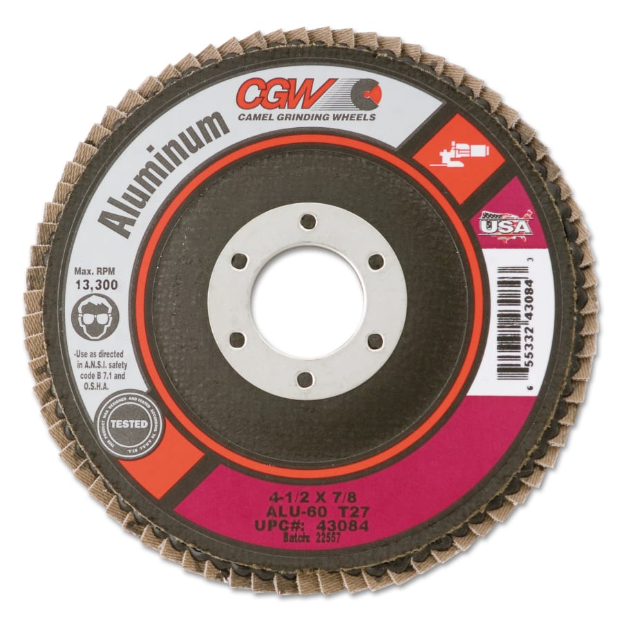 CGW ABRASIVES 43084 Aluminum Reg T27 Flap Disc, 4 1/2", 60 Grit, 7/8 Arbor, 13,300 rpm (Pack of 10 EA)