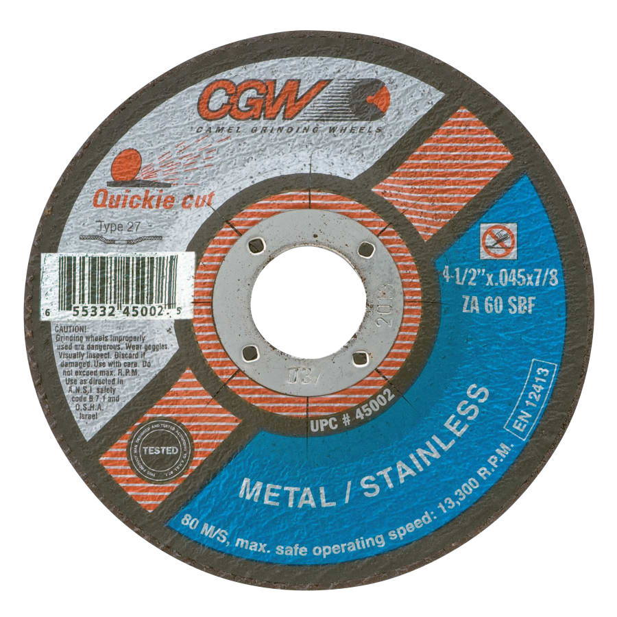 CGW Abrasives 45002 Quickie Cut™ Extra Thin Type 27 Cut-Off Wheel, 4-1/2 in dia, 7/8 in Arbor, 60 Grit (Pack of 25 EA)