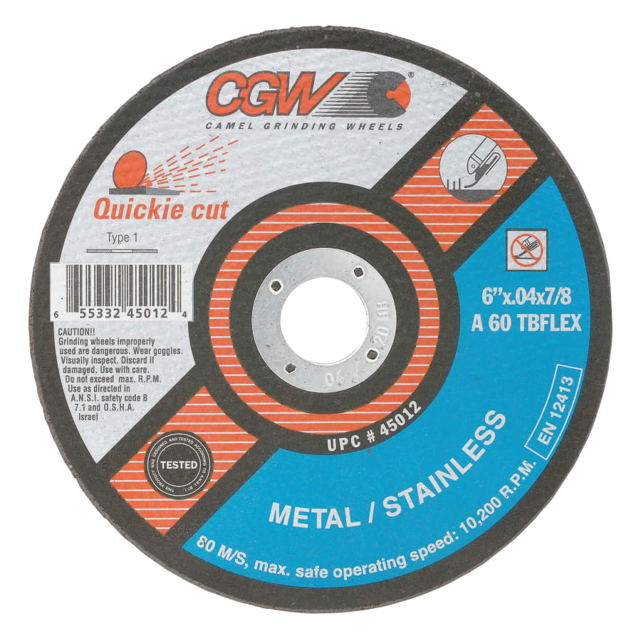 CGW Abrasives 45012 Quickie Cut™ Type 1 Extra Thin Cut-Off Wheel, 6 in dia, 0.040 in Thick, 7/8 in Arbor, 60 Grit