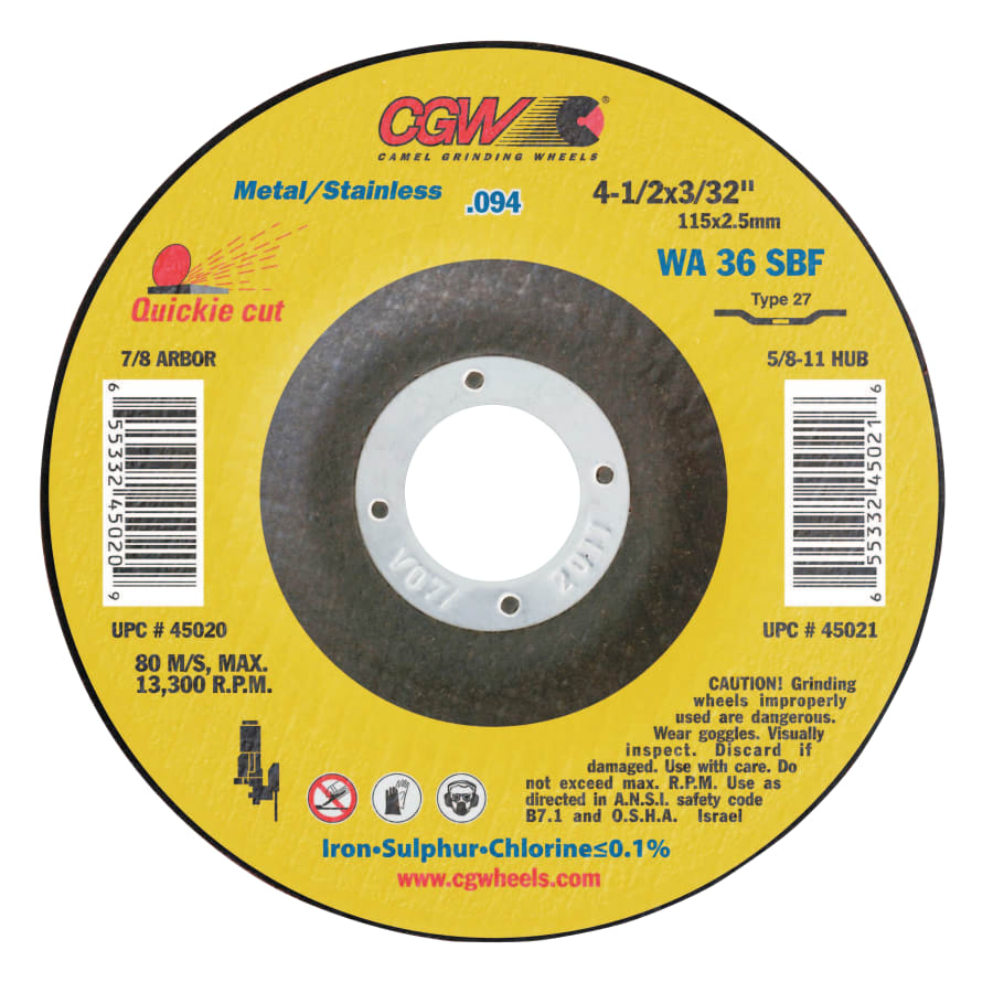 CGW Abrasives 45020 Thin Cut-Off Wheel, 4-1/2 in x 3/32 in, 7/8 in Arbor, 36 Grit (Box of 25)