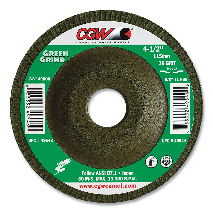CGW Type 27 Depressed Center Wheel, 4-1/2 in x 5/8-11 Arbor, 36 Grit, Green (Box of 10 EA)