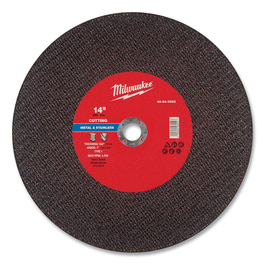 Milwaukee Tool Metal Cut Off Wheel Type 1, 14 in dia, 7/64 in Thickness, 1 in Arbor dia, 30 Grit, Aluminum Oxide