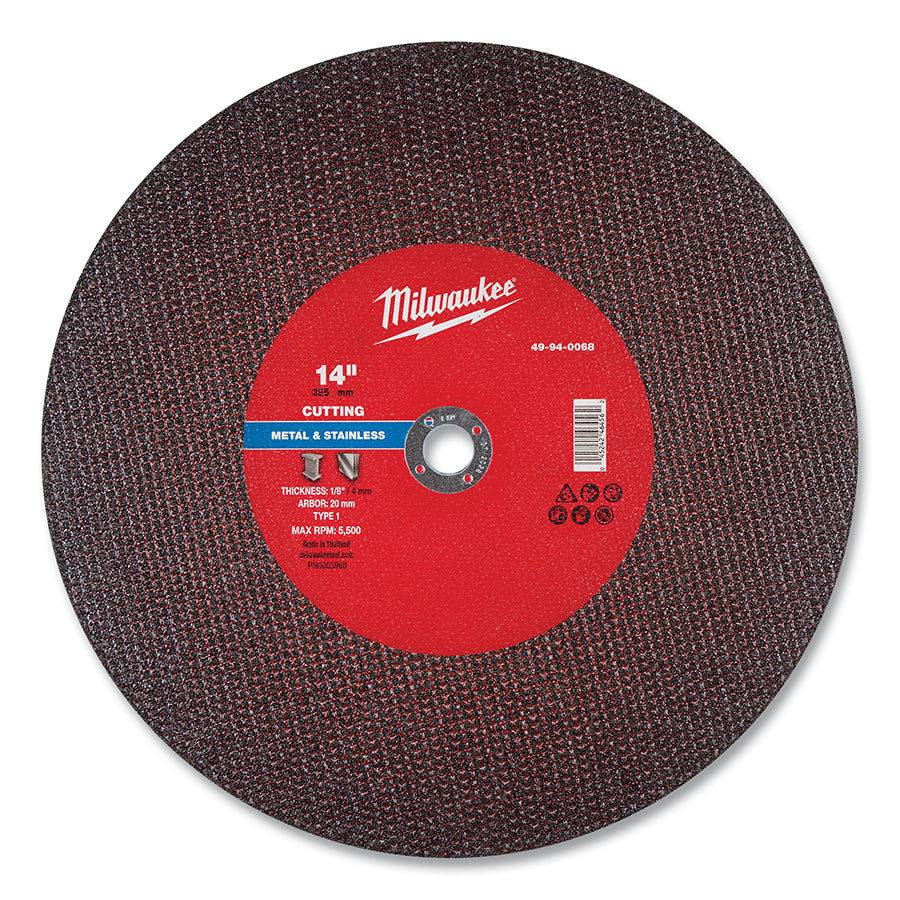 Milwaukee Tool Metal Cut Off Wheel Type 1, 14 in dia, 1/8 in Thickness, 20 mm Arbor dia, 30 Grit, Aluminum Oxide