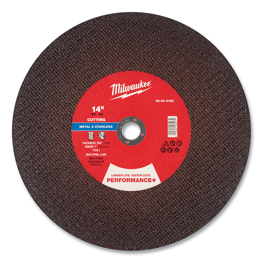 Milwaukee Tool Performance+ Metal Chop Saw Cut-Off Wheel Type 1, 14 in dia, 7/64 in Thickness, 1 in Arbor dia, 30 Grit, Aluminum Oxide