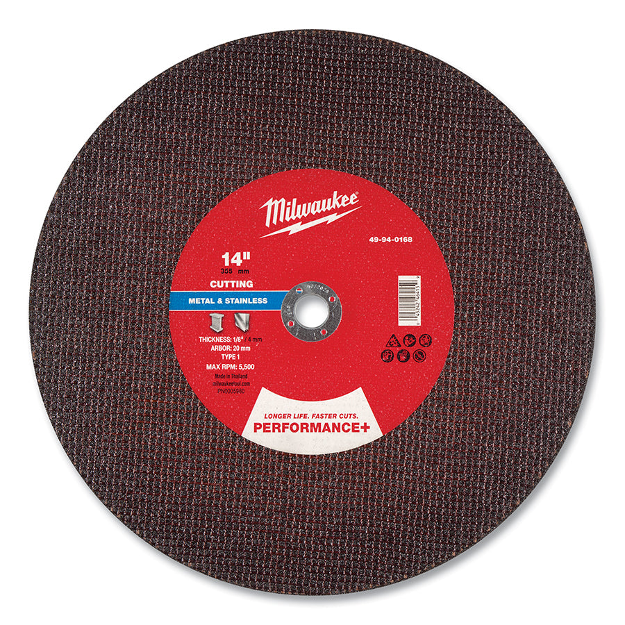 Milwaukee Tool Performance+ Metal Cut Off Wheel Type 1, 14 in dia, 1/8 in Thickness, 20 mm Arbor dia, 30 Grit, Aluminum Oxide