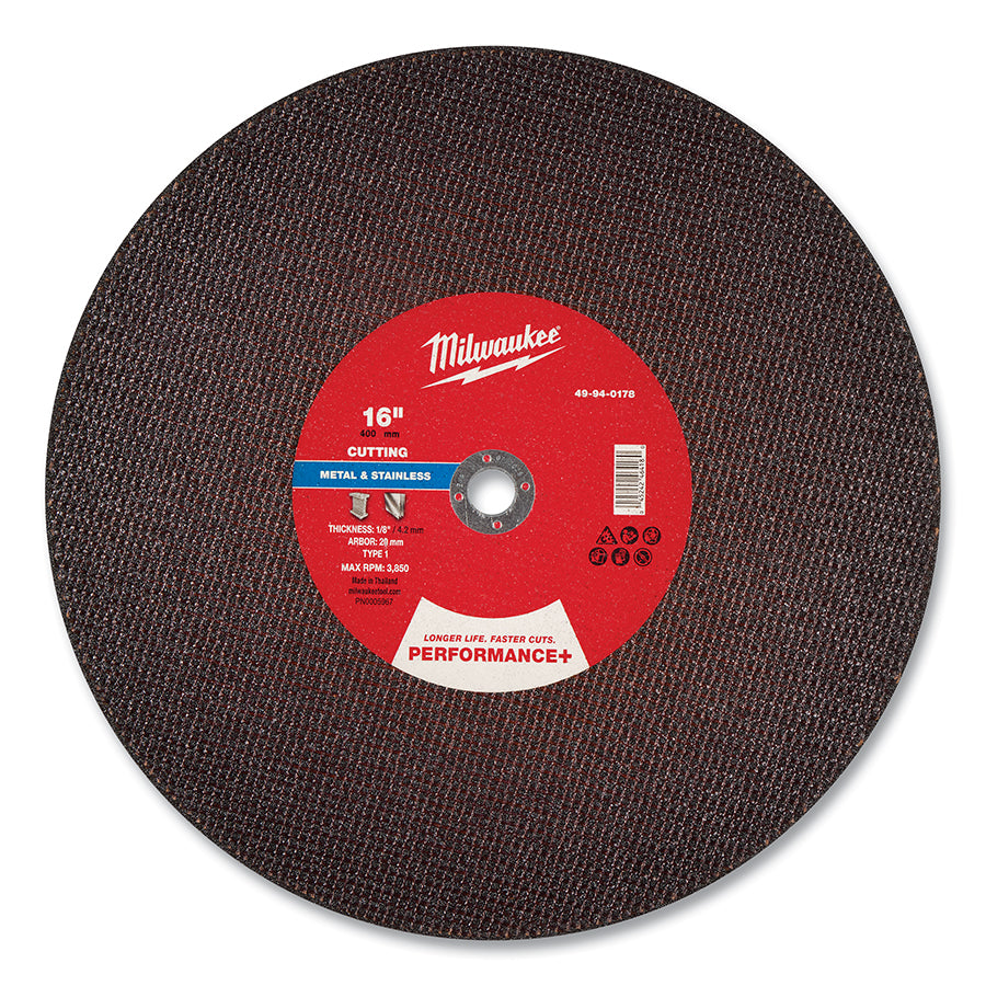 Milwaukee Tool Performance+ Metal Cut Off Wheel Type 1, 16 in dia, 1/8 in Thickness, 20 mm Arbor dia, 30 Grit, Aluminum Oxide