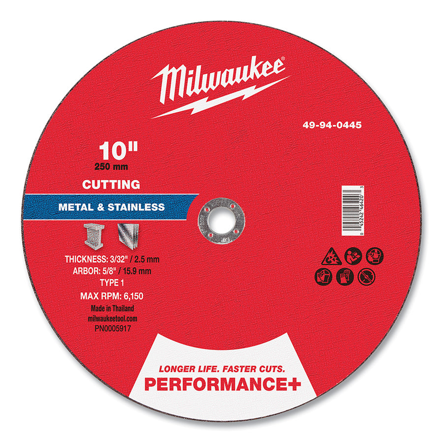 Milwaukee Tool Performance+ Metal Chop Saw Cut-Off Wheel Type 1, 10 in dia, 3/32 in Thickness, 5/8 in Arbor dia, 30 Grit, Aluminum Oxide