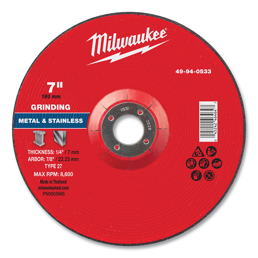 Milwaukee Tool Type 27 Metal Grinding Wheel, 7 in dia, 1/4 in Thickness, 7/8 in Arbor dia, 30 Grit, Aluminum Oxide/Zirconia Grain