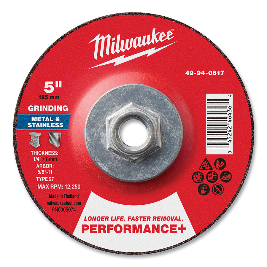Milwaukee Tool Type 27 Performance+ Metal Grinding Wheel, 5 in dia, 1/4 in Thickness, 5/8 in Arbor dia, 24 Grit, Zirconia Alumina