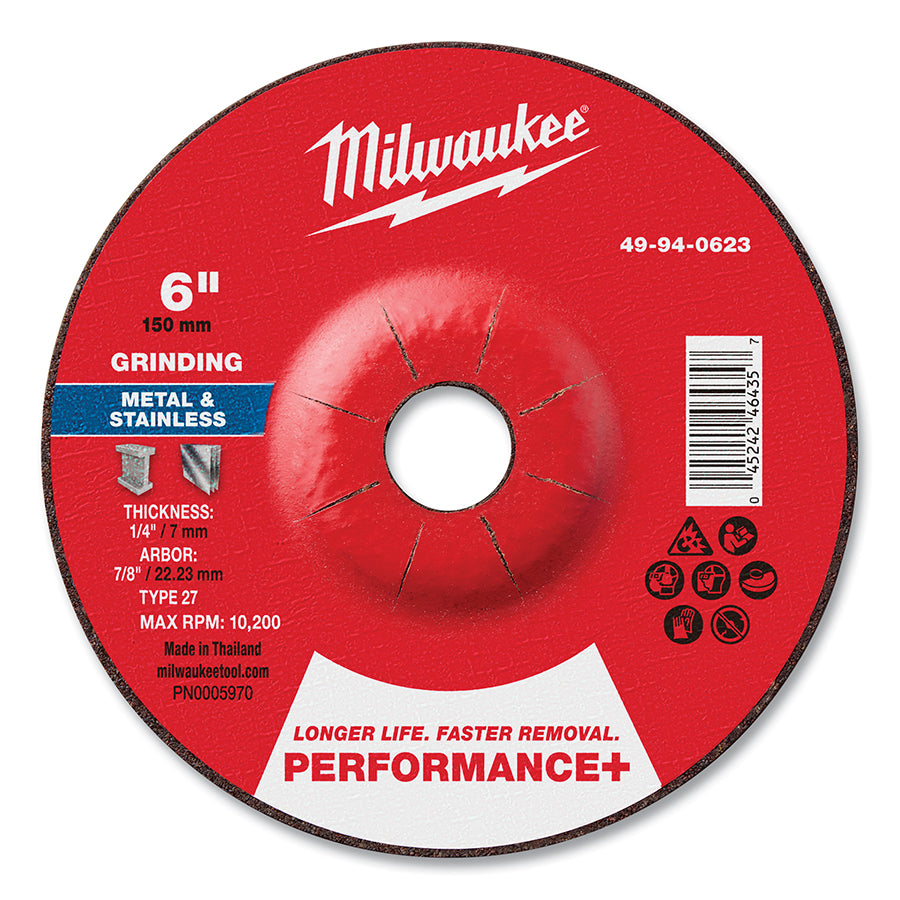 Milwaukee Tool Type 27 Performance+ Metal Grinding Wheel, 6 in dia, 1/4 in Thickness, 7/8 in Arbor dia, 24 Grit, Zirconia Alumina