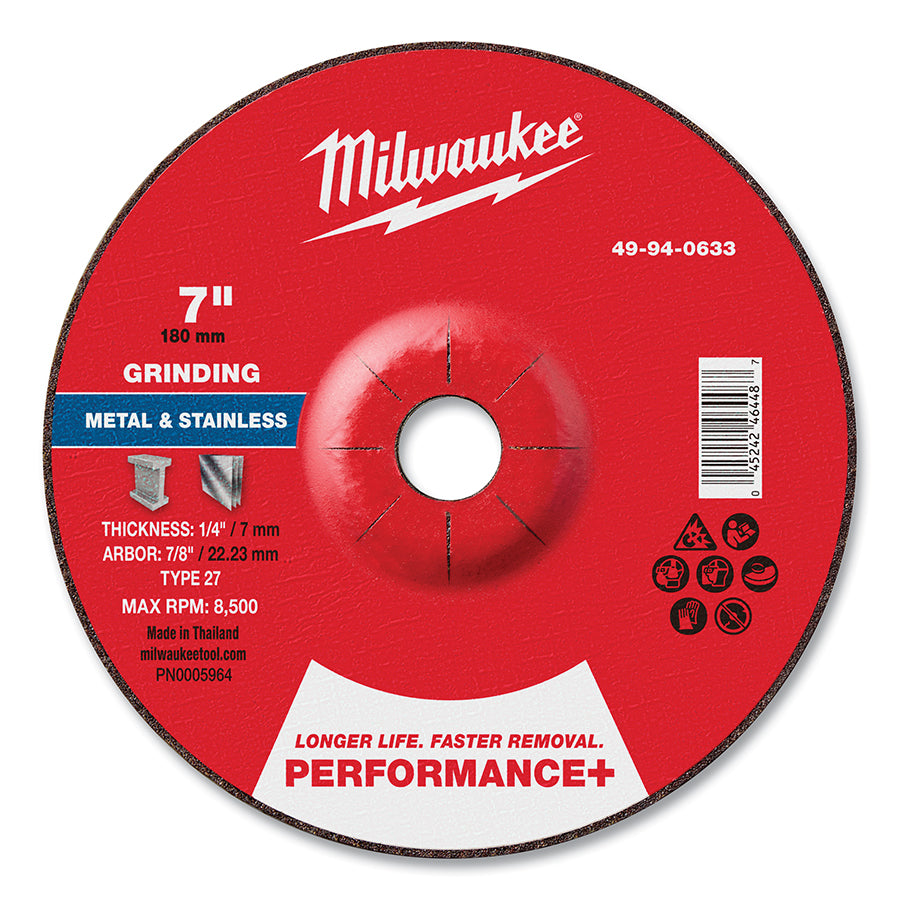 Milwaukee Tool Type 27 Performance+ Metal Grinding Wheel, 7 in dia, 1/4 in Thickness, 7/8 in Arbor dia, 24 Grit, Zirconia Alumina
