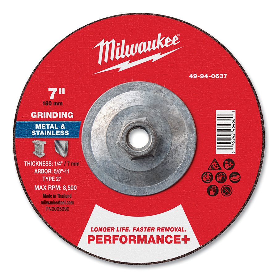 Milwaukee Tool Type 27 Performance+ Metal Grinding Wheel, 7 in dia, 1/4 in Thickness, 5/8 in Arbor dia, 24 Grit, Zirconia Alumina