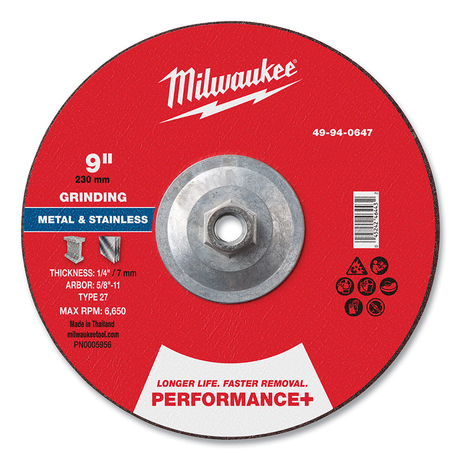 Milwaukee Tool Type 27 Performance+ Metal Grinding Wheel, 9 in dia, 1/4 in Thickness, 5/8 in Arbor dia, 30 Grit, Zirconia Alumina